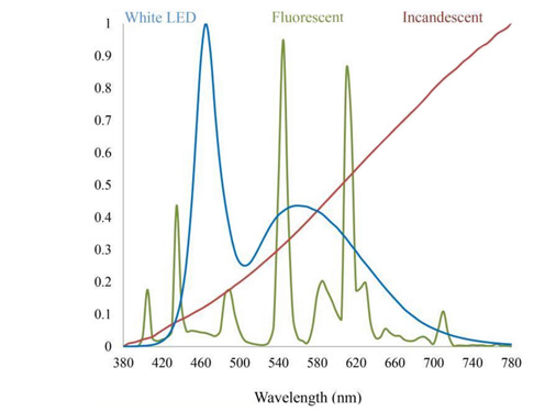 llowing graphic illustrates the differences in color spectrum between an incandescent light, which has very little blue, compared to fluorescent light and white LED.